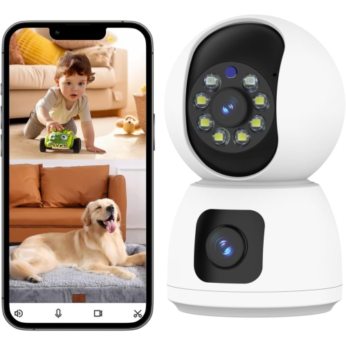 THE WAY  Indoor Security Camera Dual Lens, 2K Pan/tilt Baby/dog/pet Camera With Mobile App, Two-Way Talk, Motion Tracking And Alarm, Night Vision