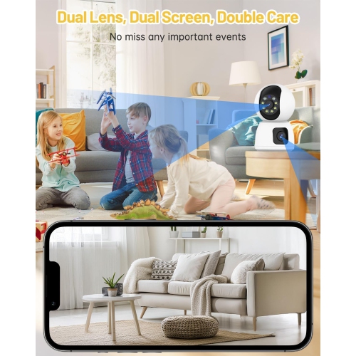 Indoor Security Camera Dual Lens, 2K Pan/Tilt Baby/Dog/Pet Camera with Mobile App, Two-Way Talk, Motion Tracking and Alarm, Night Vision