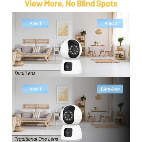 Indoor Security Camera Dual Lens, 2K Pan/Tilt Baby/Dog/Pet Camera with Mobile App, Two-Way Talk, Motion Tracking and Alarm, Night Vision