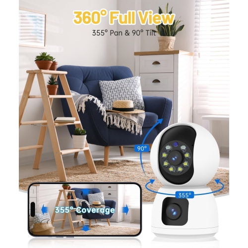 Indoor Security Camera Dual Lens, 2K Pan/Tilt Baby/Dog/Pet Camera with Mobile App, Two-Way Talk, Motion Tracking and Alarm, Night Vision