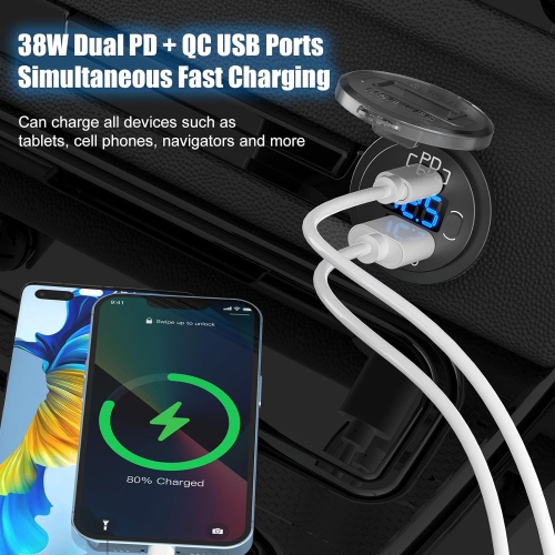 Smart car modified fast charging charger usb car charging socket digital display QC3.0 voltmeter RV yacht USB socket uses a button switch, easily