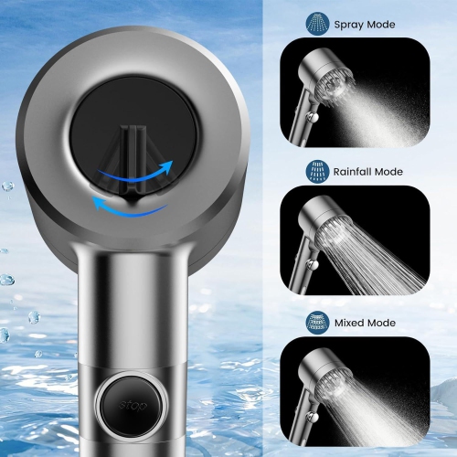 Booster shower head three-speed one-button water cut-off filter spray handheld shower high-pressure shower head - water-saving handheld shower, gray