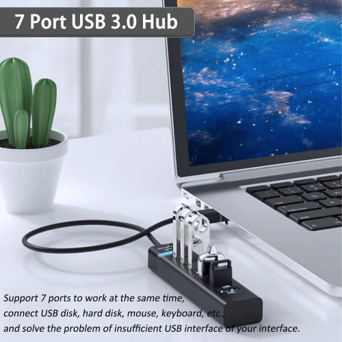 USB 3.0 Hub, 7-Port USB Data Hub Splitter for Laptop, USB Flash Drive, Mouse and Other USB Devices, Length 1.2m