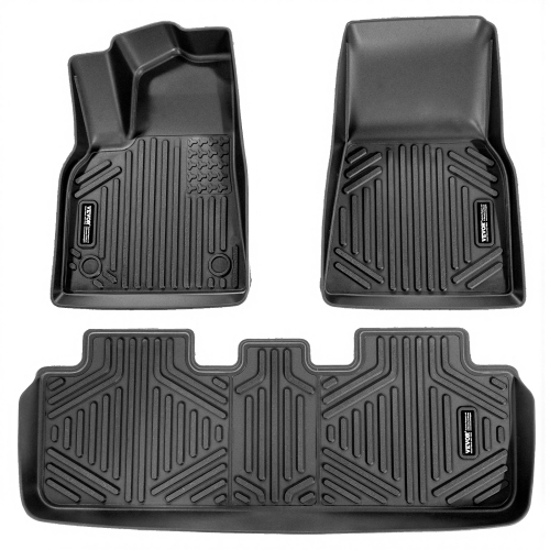 VEVOR Automotive Floor Mats, Fits for Tesla Model Y 2021-2024, 3 pcs Front and 2nd Row Liners, All Weather Custom Fit TPE Vehicle Floor Mats, Secure