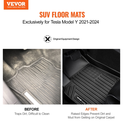 VEVOR Automotive Floor Mats, Fits for Tesla Model Y 2021-2024, 3 pcs Front and 2nd Row Liners, All Weather Custom Fit TPE Vehicle Floor Mats, Secure