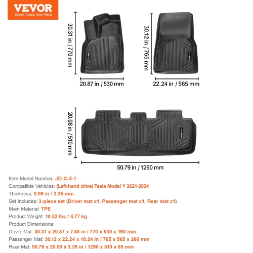 VEVOR Automotive Floor Mats, Fits for Tesla Model Y 2021-2024, 3 pcs Front and 2nd Row Liners, All Weather Custom Fit TPE Vehicle Floor Mats, Secure