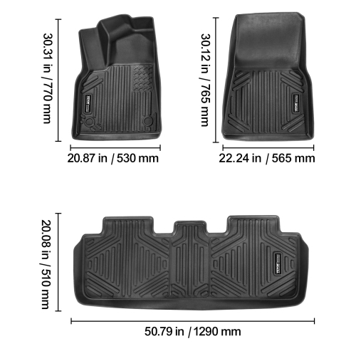 VEVOR Automotive Floor Mats, Fits for Tesla Model Y 2021-2024, 3 pcs Front and 2nd Row Liners, All Weather Custom Fit TPE Vehicle Floor Mats, Secure