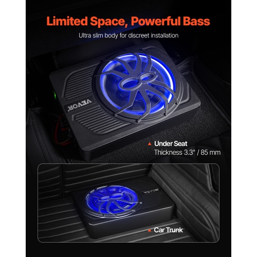 VEVOR 10" 440W Underseat Car Subwoofer, Slim Powered Car Subwoofers with Blue Ambient Light, Low Profile Audio Sub Under the Seat with Built-in