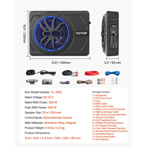 VEVOR 10" 440W Underseat Car Subwoofer, Slim Powered Car Subwoofers with Blue Ambient Light, Low Profile Audio Sub Under the Seat with Built-in