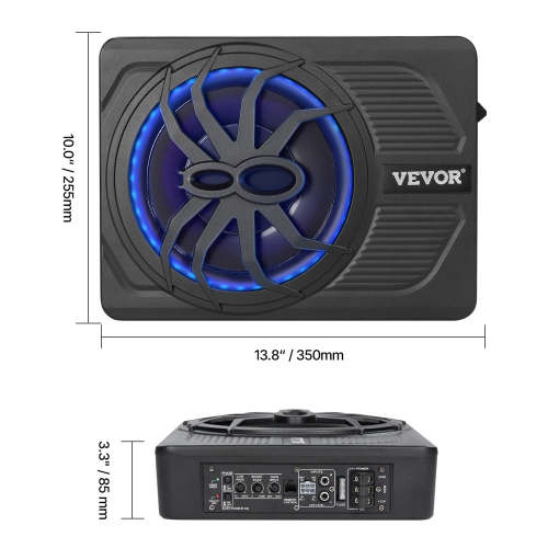 VEVOR 10" 440W Underseat Car Subwoofer, Slim Powered Car Subwoofers with Blue Ambient Light, Low Profile Audio Sub Under the Seat with Built-in