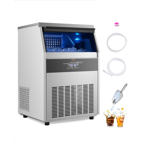 VEVOR 160lbs/24H Commercial Ice Maker Machine, with 66lbs Storage Capacity, 80 Ice Cubes in 15 Minutes, LED Digital Display Freestanding