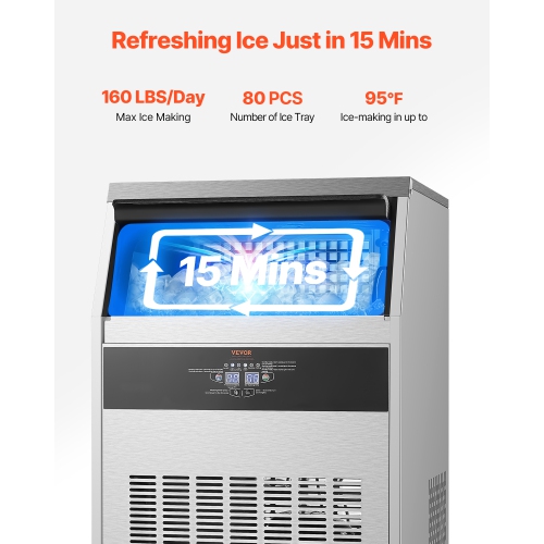 VEVOR 160lbs/24H Commercial Ice Maker Machine, with 66lbs Storage Capacity, 80 Ice Cubes in 15 Minutes, LED Digital Display Freestanding