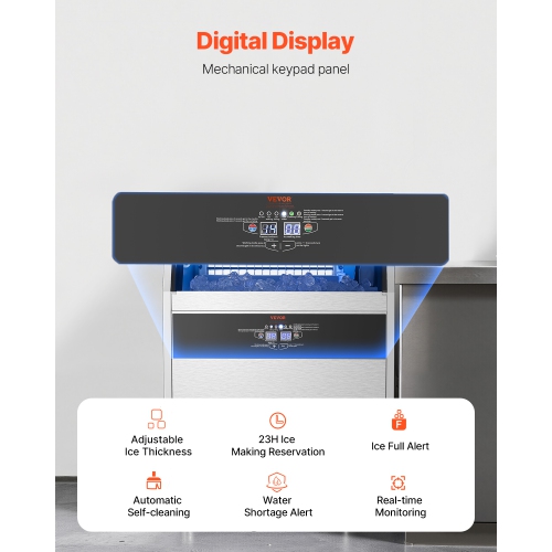 VEVOR 160lbs/24H Commercial Ice Maker Machine, with 66lbs Storage Capacity, 80 Ice Cubes in 15 Minutes, LED Digital Display Freestanding