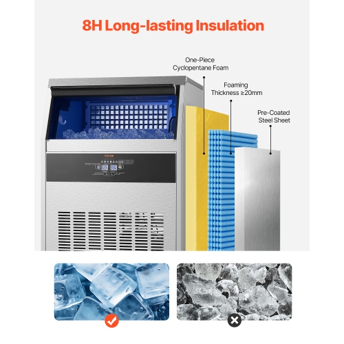 VEVOR 160lbs/24H Commercial Ice Maker Machine, with 66lbs Storage Capacity, 80 Ice Cubes in 15 Minutes, LED Digital Display Freestanding