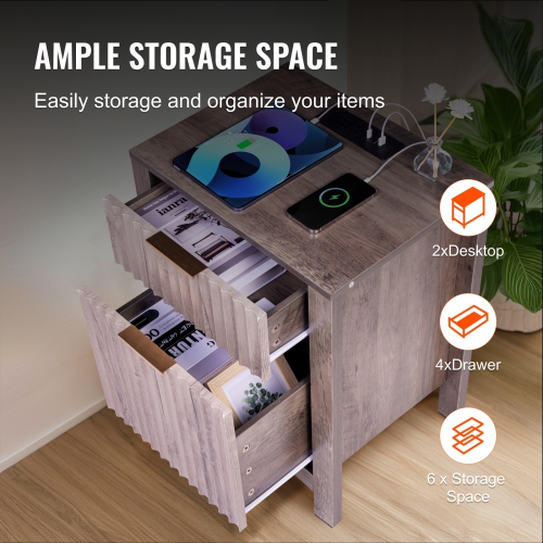 VEVOR Set of 2 Farmhouse End Table, Nightstand with Charging Station, 3 Tiers Side Table with Storage Cabinet and 2 Drawers, Side Table with USB