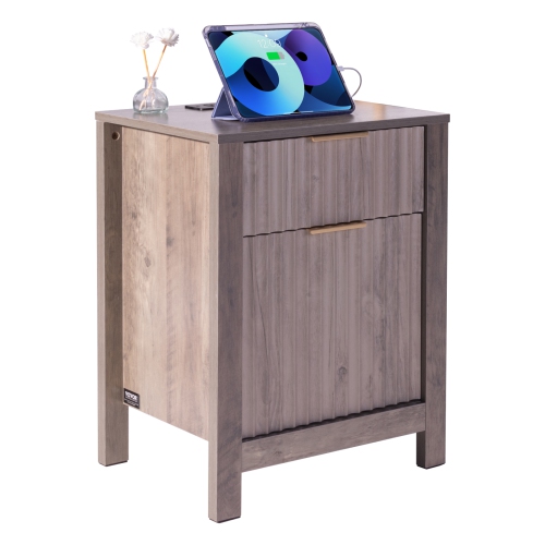 VEVOR Set of 2 Farmhouse End Table, Nightstand with Charging Station, 3 Tiers Side Table with Storage Cabinet and 2 Drawers, Side Table with USB