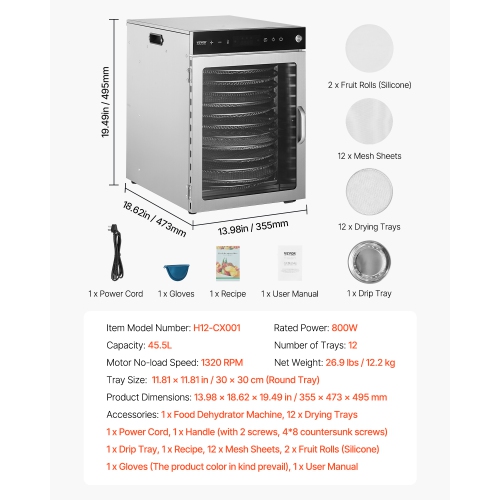 VEVOR 800W Rotary Food Dehydrator Machine, 12 Stainless Steel Trays,with Adjustable Temperature & 24-Hour Timer, Freeze Dryer for Jerky, Meat, Fruit,