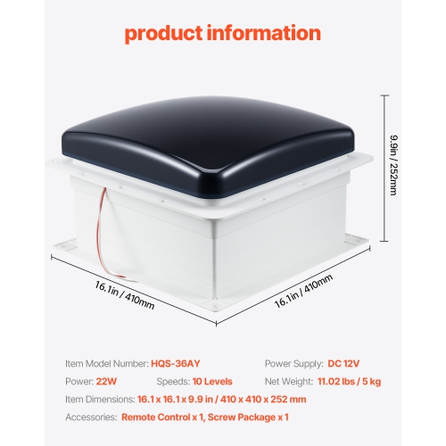 VEVOR 14 inch RV Vent Fan, RV Roof Vent Fan 12V, Powerful 10-Speed Reversible Fan with Remote Control, Built-in DC Motor, Power Top Lid,12 inch Fan