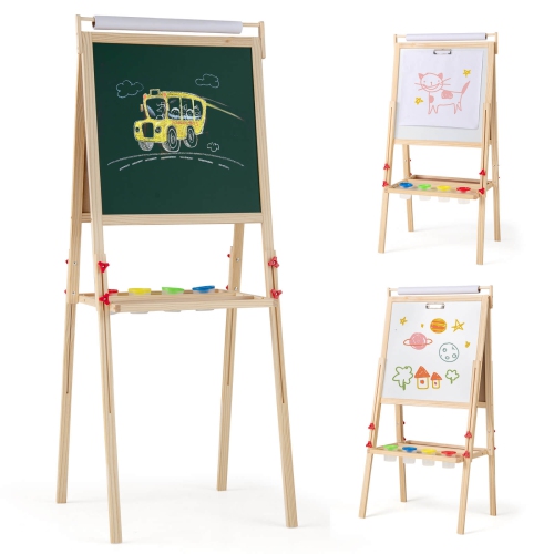 Chevalet d'art 3-en-1 pour enfants de Costway avec tableau noir magnétique et rouleau de papier pour tableau blanc