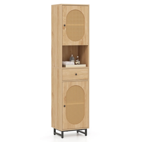 COSTWAY  67" Tall Bathroom Cabinet With 2 Doors Open Compartment & Drawer Adjustable Shelves Beige/white