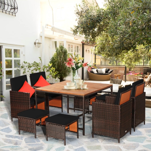 Costway 9PCS Patio Rattan Dining Set Cushioned Chairs Ottoman Wood Table Top