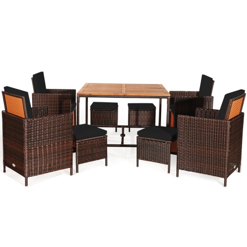 Costway 9PCS Patio Rattan Dining Set Cushioned Chairs Ottoman Wood Table Top