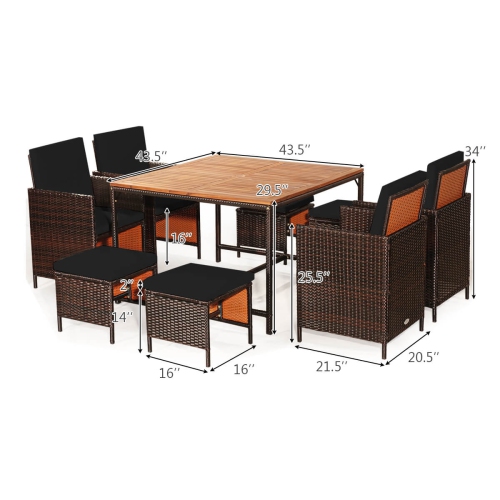 Costway 9PCS Patio Rattan Dining Set Cushioned Chairs Ottoman Wood Table Top