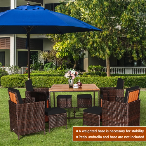 Costway 9PCS Patio Rattan Dining Set Cushioned Chairs Ottoman Wood Table Top