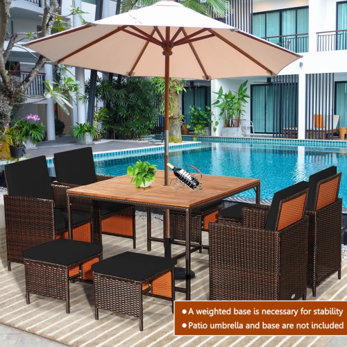 Costway 9PCS Patio Rattan Dining Set Cushioned Chairs Ottoman Wood Table Top
