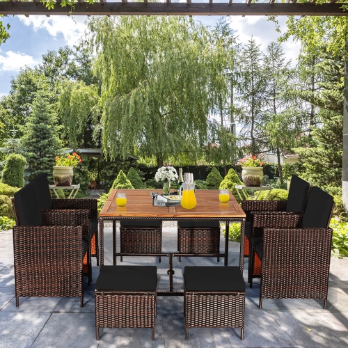 Costway 9PCS Patio Rattan Dining Set Cushioned Chairs Ottoman Wood Table Top