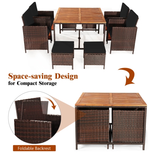 Costway 9PCS Patio Rattan Dining Set Cushioned Chairs Ottoman Wood Table Top