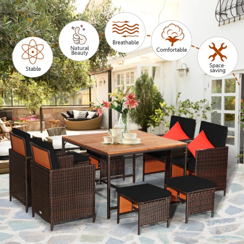 Costway 9PCS Patio Rattan Dining Set Cushioned Chairs Ottoman Wood Table Top