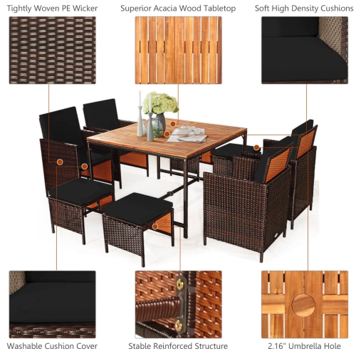 Costway 9PCS Patio Rattan Dining Set Cushioned Chairs Ottoman Wood Table Top