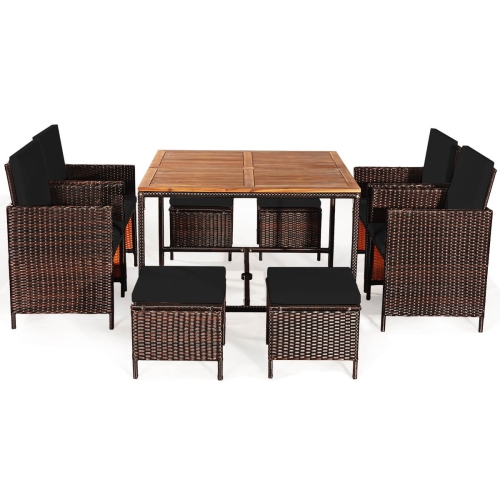 Costway 9PCS Patio Rattan Dining Set Cushioned Chairs Ottoman Wood Table Top