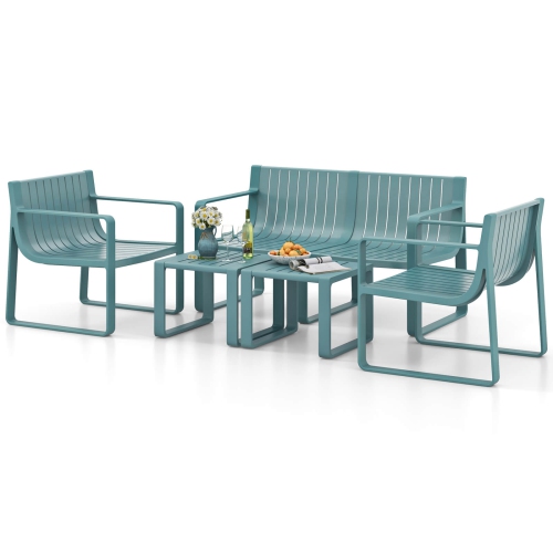 Costway 5 PCS Patio Furniture Set with 1 Loveseat 2 Patio Chairs & 2 Side Tables Blue/White