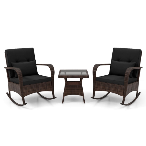Ensemble bistro berçant 3 PCS de Costway avec coussins amovibles et table basse à surface en verre trempé