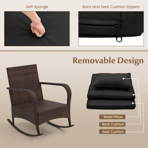 Ensemble bistro berçant 3 PCS de Costway avec coussins amovibles et table basse à surface en verre trempé