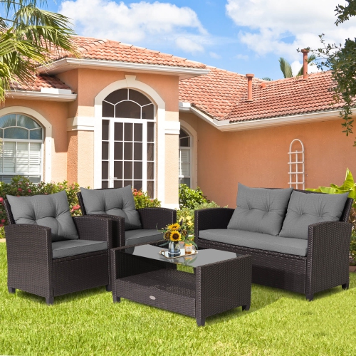 Costway 4 PCS Patio Rattan Furniture Set Glass Table Shelf Sofa Cushion Gray