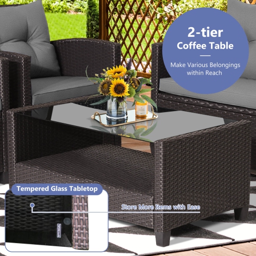 Costway 4 PCS Patio Rattan Furniture Set Glass Table Shelf Sofa Cushion Gray