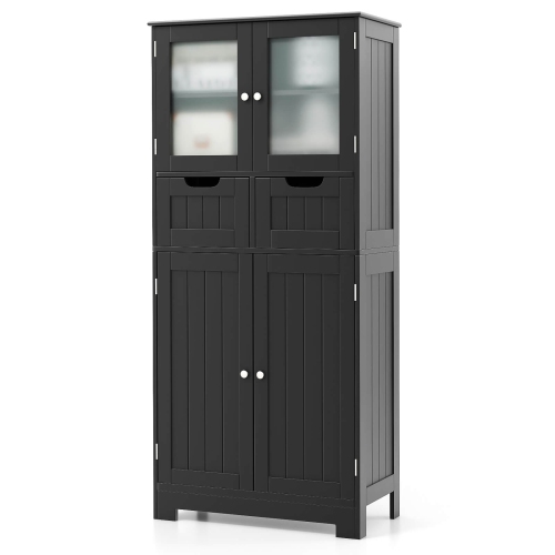 Costway Bathroom Floor Storage Cabinet Kitchen Cupboard with 2 Drawers & Glass Doors White/Gray/Black