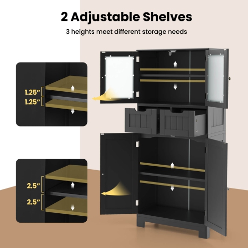 Costway Bathroom Floor Storage Cabinet Kitchen Cupboard with 2 Drawers & Glass Doors White/Gray/Black