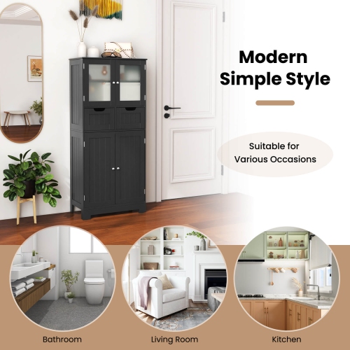 Costway Bathroom Floor Storage Cabinet Kitchen Cupboard with 2 Drawers & Glass Doors White/Gray/Black