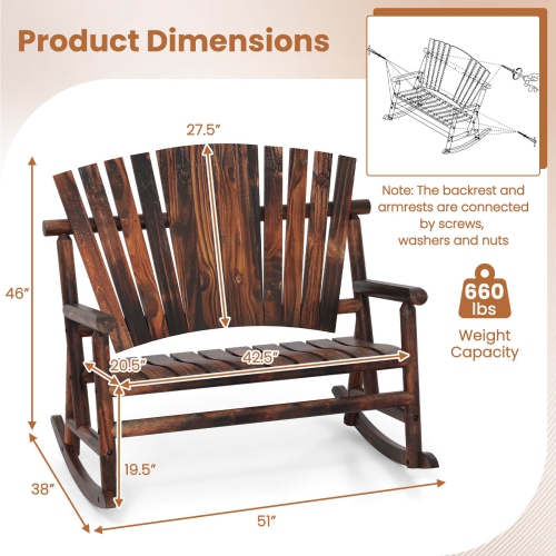Costway 2-Person Outdoor Adirondack Rocking Chair with High Back and Slatted Seat