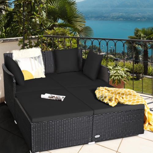 COSTWAY  Outdoor Patio Rattan Daybed Pillows Cushioned Sofa Furniture