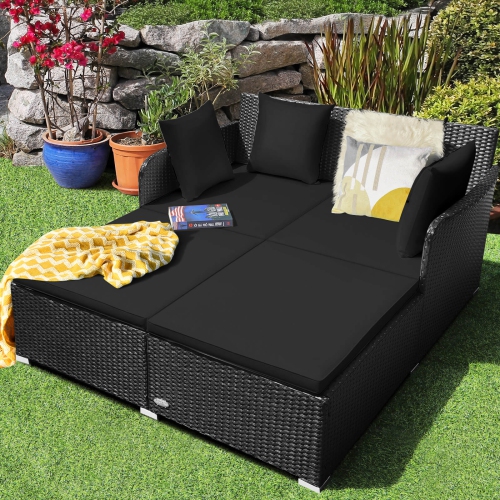Costway Outdoor Patio Rattan Daybed Pillows Cushioned Sofa Furniture