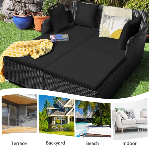 Costway Outdoor Patio Rattan Daybed Pillows Cushioned Sofa Furniture