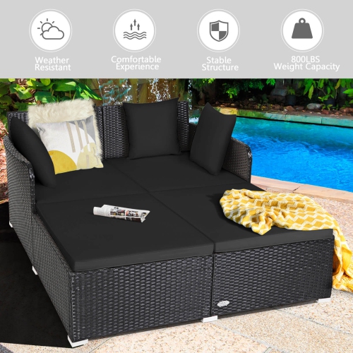 Costway Outdoor Patio Rattan Daybed Pillows Cushioned Sofa Furniture