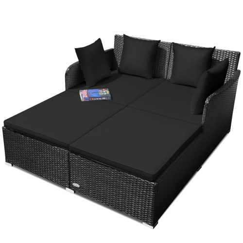 Costway Outdoor Patio Rattan Daybed Pillows Cushioned Sofa Furniture