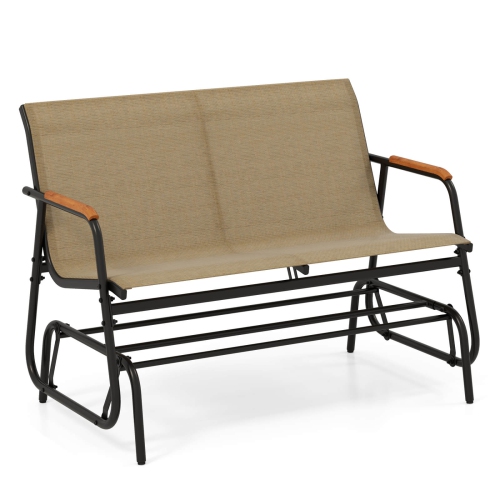 Costway Patio Glider Bench for 2 Swing Gliding Loveseat with Curved Teak Armrests for Porch