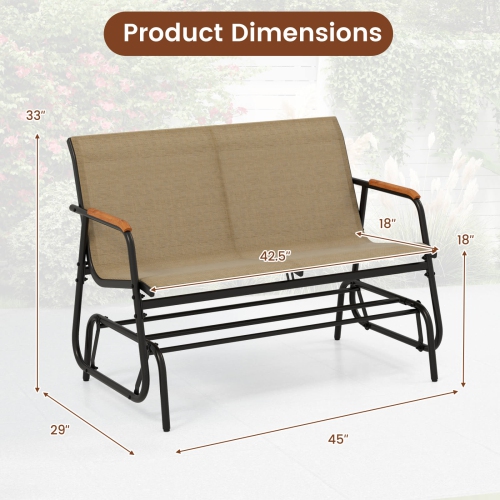 Costway Patio Glider Bench for 2 Swing Gliding Loveseat with Curved Teak Armrests for Porch